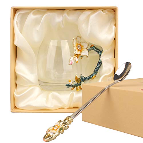 Wisolt Glass Flower Tea Cup Lead-Free Handmade Enamel Mugs with Delicate Spoon and Gift Box for Wife Mum Girl Teacher on Birthday Valentine's Day Mother's Day Wedding Anniversary