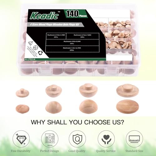 Image of Keadic 140Pcs 4 Sizes Wooden Hole Plugs Assortment Set, 3 /16 inch 5 /16 inch 3 /8 inch 1 /2 inch Wood Button Plugs Vivid Style Hardwood Hole Plugs Screw Holes Cover for Table Wooden Chair Cabinet Furniture