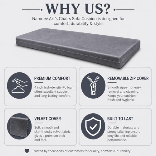 Image of Namdev Art's Chairs Sofa Cushion Pu Foam with Zip Cover 4 Inch Thickness, 3-Seater Sofa Foam Seat for Home (Grey, 60x18)