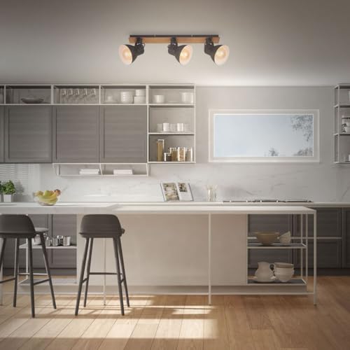 Plafonnier rétro bois Briloner Leuchten à 3 lampes E27 noir et blanc