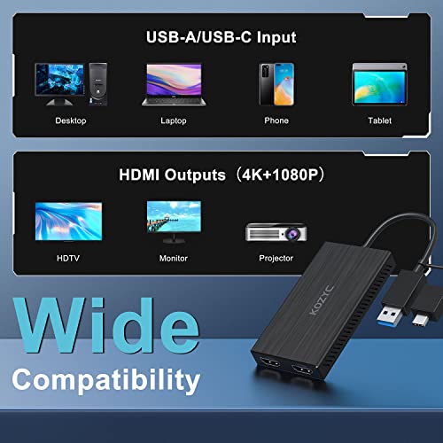 Kozyc Usb 3.0 To Dual Hdmi Adapter Display, Usb 3.0-A/C To Hdmi Splitter To Extend Monitors 4K 30Hz + 1080P 60Hz, Multiple Display Adapter Support Windows, Mac Os For Pc, Laptop, Monitor, Hdtv #TOP4