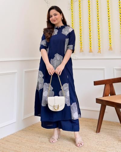 Image of ANNI Designer Women Viscose Blend Straight Fit Printed Kurta Palazzo Set | Mandarin Neck Outfit | Lightweight Breathable Fabric | Comfortable Elegant Styling for Office Casual Wear