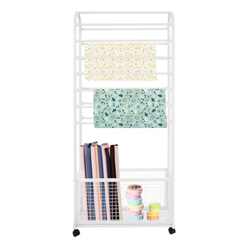 Image of CNCEST Double-Sided Ribbon Holder Organizer Rack,Free Standing Mobile Ribbon Holder,Metal Ribbon Stand Organizer,Ribbon Display Rack Storage Shelf for Craft Room,Wrapping Paper(White,27.6x11.8x65in)