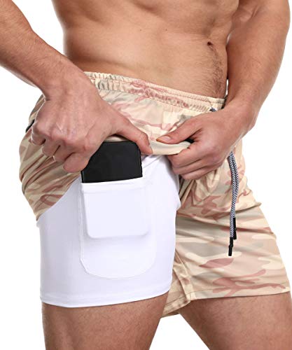 Everworth Men's 2-In-1 Bodybuilding Workout Shorts Lightweight Gym Training Short Running Athletic Jogger With Zipper Pockets (Beige Camo, Us M : [Waist 31"-33"]) #TOP20
