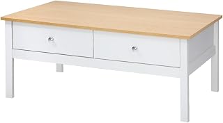 OIKITURE Coffee Table with 2 Drawers, Side Tables with Zinc Alloy Handles & Metal Runners, Sofa Cafe Desk for Living Room, 96x55x40cm, Natural and White