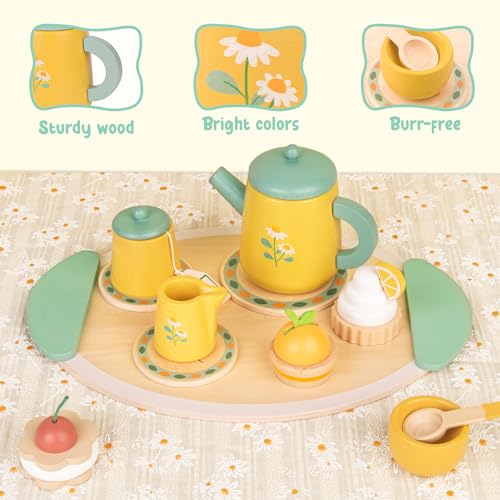 Tea Party Set Wooden Toys for Toddlers Little Girls 3-5, Kids Play Kitchen Tea Set Montessori Toys, Pretend Toys Wooden Kitchen Sets, Birthday Easter for Kids 3 4 5 6 Year Old