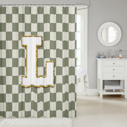 Image of Erosebridal Sage Green Checkered Bathroom Curtain Plaid Initial L Shower Curtain 72 inch Wx78 L Personalized Monogram Bathroom Accessories for Kids Adults,Fashion Grids Gingham Shower Decor