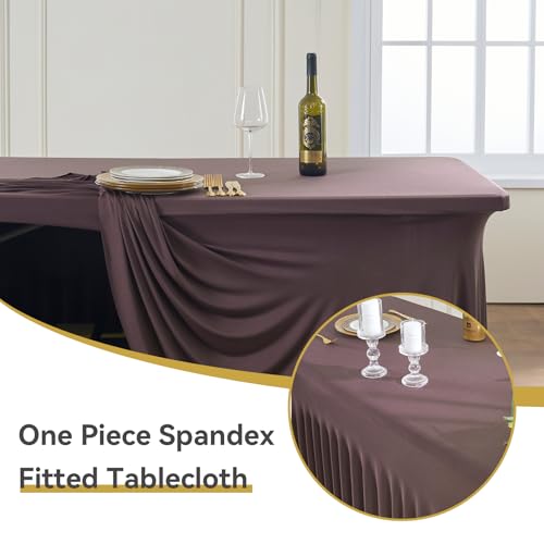 Image of Outpain Brown Spandex Table Clothes for 6 Foot Rectangle Tables-2Pack 6FT Spandex Fitted Table Cover, Wrinkle Free Tablecloths with Skirt for Parties, Wedding, Birthday, Banquet, Festival