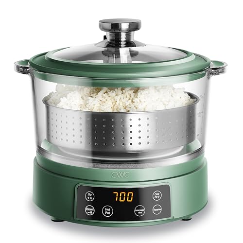 COOK WITH COLOR 3L Glass Mini Low Carb Rice Cooker – Holds 2 Cups Raw/Makes 6 Cups Cooked with Auto Lift Filter Basket, Hotpot & Steamer for Rice, Grains, Digital Panel with Keep Warm, Dark Sage
