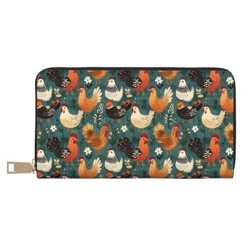 Flower Cute Chicken Print Wallet Women Men, Long PU Leather Wallets for Women, Cute Womens Travel Wallet Purse Pouch with Zipper Pocket