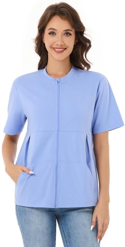 Post Surgery Mastectomy Shirt with Drain Pockets – Women’s Short Sleeve Zip Front Recovery Top with Elastic Pouches - Image 4