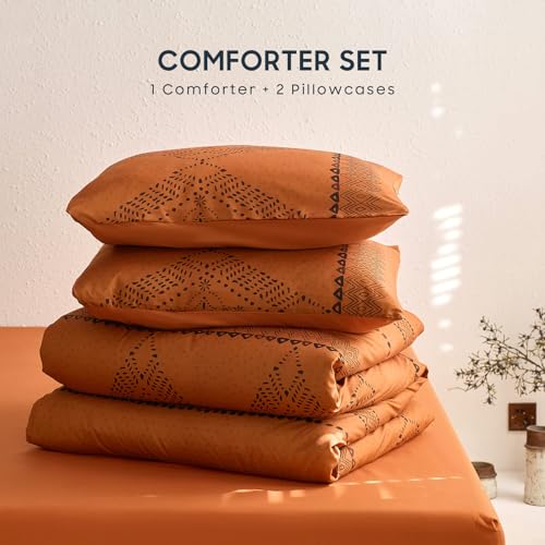 Image of Wake In Cloud - Boho Comforter Set, Farmhouse Bohemian Western Aztec Neutral Aesthetic, Soft Lightweight Bedding, 3 Pieces, Burnt Orange, Queen Size
