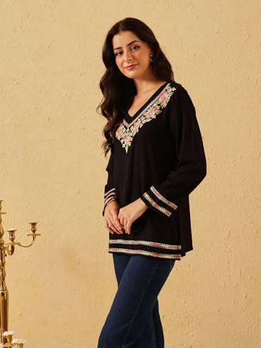 Image of QAZMI Women's Floral Aari Embroidered Viscose Rayon V-Neck Full Sleeves Short Kurti