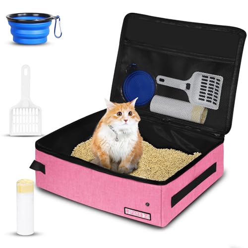 Petskd Lettiera portatile da viaggio per gatti con coperchio e 10 sacchetti usa e getta, a prova di perdite e pieghevoli, essenziali da viaggio per gatti, per auto, hotel, aereo e altri usi all'aperto