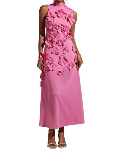 Pink 3D Flower Garden Party Dress Sleeveless Elegant Dress Maxi Bodycon Dress High Neck Pleated Dress for Women