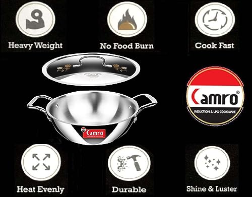 Image of Camro Triply Artisian Induction Friendly Kadhai with Lid 26 Cm, 3.3 LTR (14 No) | Triply Cookware Kadhai | Gas & Induction Base | 15+Years of Innovation and Quality