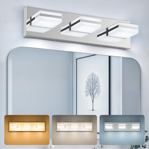Image of VONLUCE Bathroom Vanity Light Fixture, 3-Light Modern LED Vanity Lights, 3CCT Adjustable Bathroom Light with Memory Function Rotatable Shades, 18 inch Wall Lighting Fixture Over Mirror, Chrome