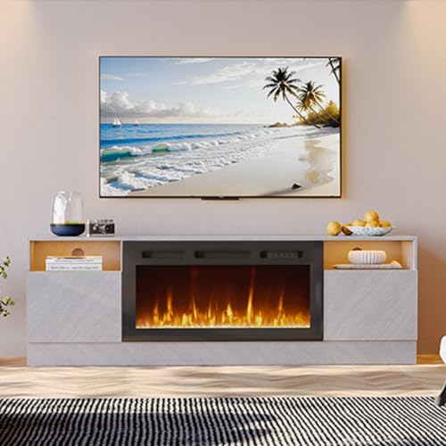 Image of MXV 70 inch Fireplace TV Stand for TVs Up to 80 inch, LED Light Entertainment Center with 36 inch Electric Fireplace, Modern Wood Texture TV Media Console with Highlight Storage Cabinet, Grey-Black