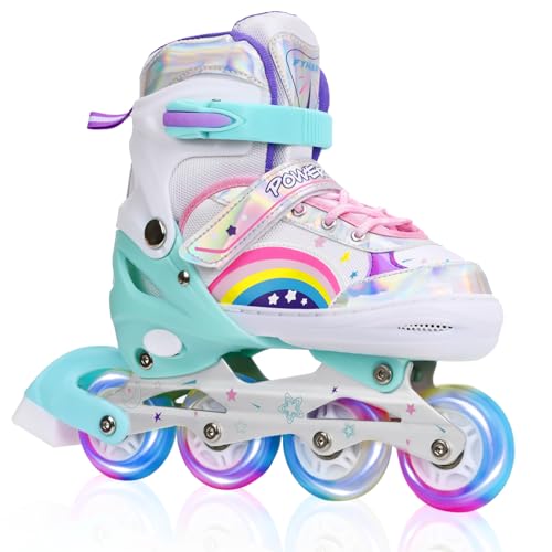 LEJIJIT - Adjustable Inline Skates for Kids Girls Children Beginners, Rainbow Inline Roller Skates with Light Up Wheels for Kids and Youth for Sports (Small)