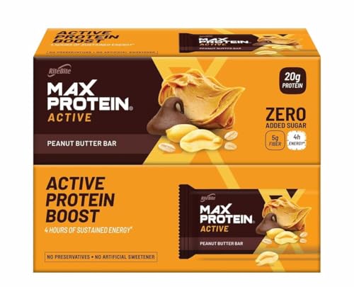 Image of RiteBite Max Protein Active Peanut Butter Protein Bars with 20g Protein, 5g Fiber & 21 Vit. & Minerals | 0 Added Sugar, No Cholesterol & Trans Fat For Upto 4h of Energy, Healthy Snack, 70g (Pack of 12)