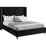 Meridian Furniture Aiden Collection Modern | Contemporary Velvet Upholstered Bed with Deep Button Tufting, Solid Wood Frame, and Custom Chrome Legs, Queen, Black