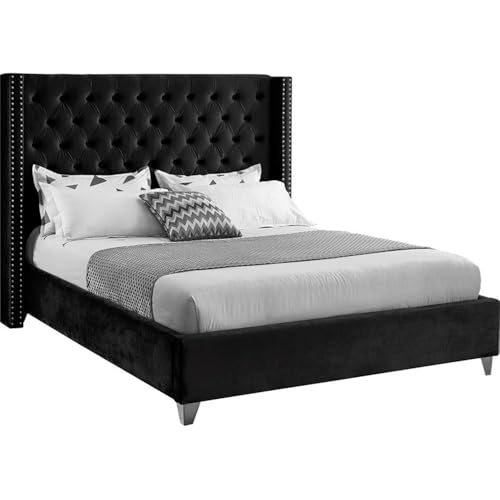 Meridian Furniture Aiden Collection Modern | Contemporary Velvet Upholstered Bed with Deep Button Tufting, Solid Wood Frame, and Custom Chrome Legs, Queen, Black