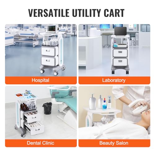 VEVOR 3 Tiers Lab Carts, Lab Utility Cart with 2 Drawers & 1 Top Tray, Mobile Medical Cart with ABS Material, Lab Rolling Cart with 4 Silent Wheels for Lab, Clinic, Hospital, Salon, White by VEVOR - Image 6