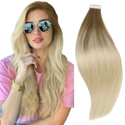 RUNATURE 24 Inch Blonde Tape Hair Extensions Real Human Hair Tape in Hair Extensions Human Hair Invisible Tapes Remy Straight White Blonde Hair 20pcs 50g #800