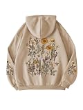 WDIRARA Women's Floral Print Drawstring Hoodie Long Sleeve Drop Shoulder Pullover Thermal Sweatshirt Khaki Large
