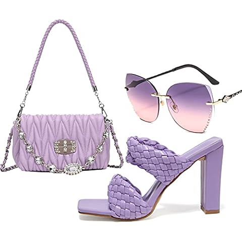 AELEGASN Ladies Toe Open Toe Sandals, Purple Braided Strap Sandals and Bag Set, Borderless Polarized Sunglasses, Elegant Wedding Party Shoe Bag,37 Cover