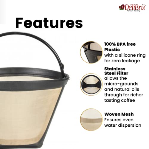 Gold Tone Delibru Cone Style Replacement Coffee Filter Basket For Cuisinart Coffee Maker - Size; Top : 4.12", Height : 3.18", Bottom : 2.12" #TOP2