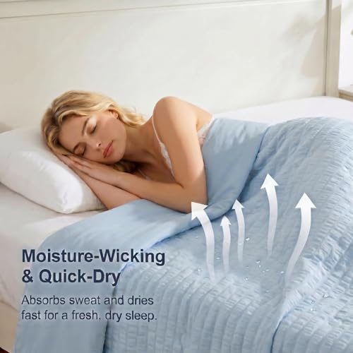 Cooling Comforter, Dual-Sided Seersucker & Q-Max>0.4 Cooling Blanket, Breathable Fabric for Hot Sleepers Night Sweats Menopause & Sensitive Skin, All Season Pet Friendly, Blue, Twin 60"x80" — view 3