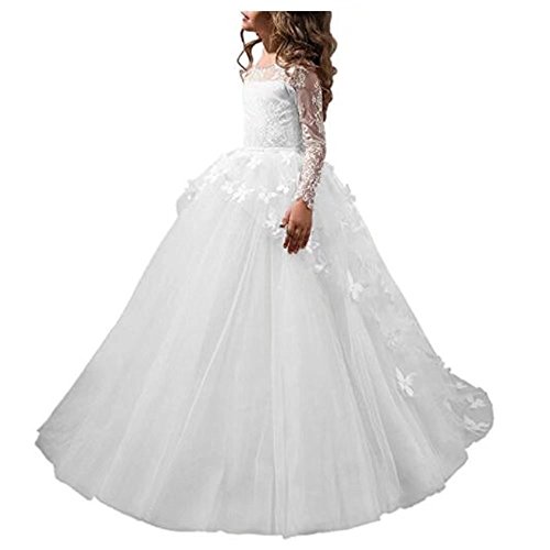 Angel Dress Shop Flower Girl Dress Lace Butterflies Appliques First Communion Princess Ball Gown Wedding Dressï¼ˆWhite14ï¼‰