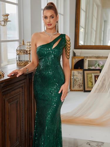 Image of Women One Shoulder 1920s Plus Size Formal Dress Tassels Sleeve Sequins Gatsby Maxi Evening Gown