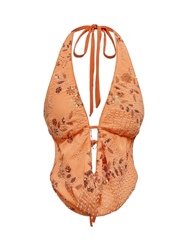 Verdusa Women's Y2K Sequin Cheetah Print Top Halter Going Out Outfits