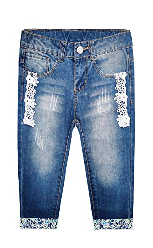 Kidscool Space Baby & Little Girls Lace Patchwork Cuffed Bottom Ripped Fashion Jeans,Blue,18-24 Months