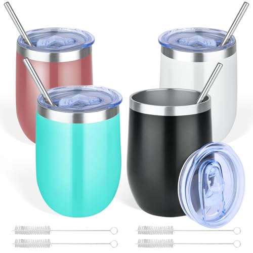 Weinbecher Edelstahl mit Deckel und Strohhalmpinsel: 4 Stück 12OZ Doppelwandige Vakuumisolierte Weingläser Hält 5h Heiß/ 10h Kalt Trinkbecher Kaffeebecher Travel Mug 12OZ U-Cup Double-Layer