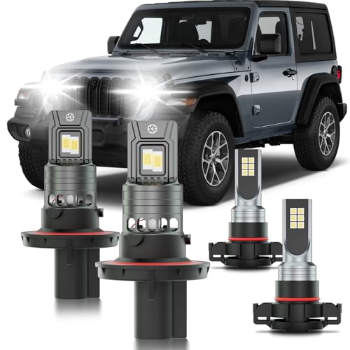 HUOKEDS Fits for Jeep Wrangler JL 2019-2025 Fog Lights Bulbs Combo, 4pcs Super Bright White Dual Beam and Fog Lights Blubs Package, 1:1 Size as Stock Bulbs, Plug and Play