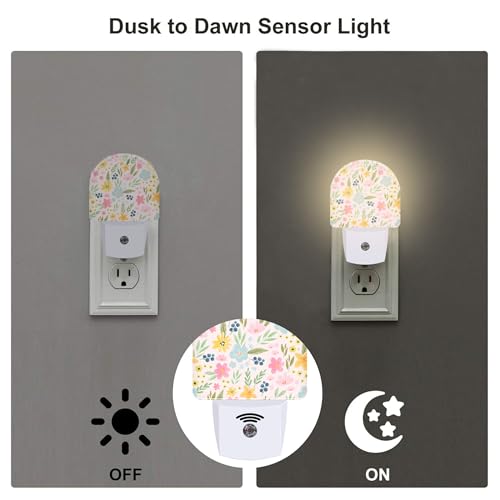 Image of Watercolor Spring Flowers Night Light for Kids,Pink Botanical Leaves Floral Night Light Plug in with Dusk to Dawn Sensor,0.5w Energy Saving Nightlight for Hallway Stairway Kitchen Bedroom