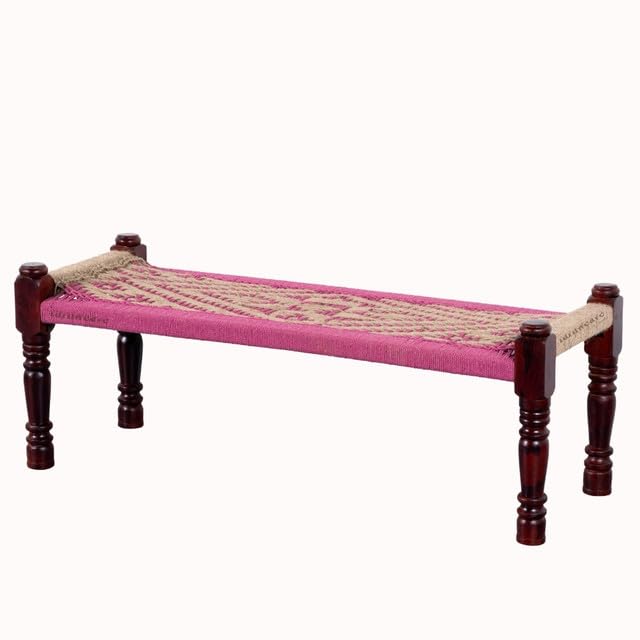 Image of Wooden Bench for Seating | Handcrafted Sheesham Wood Bench for Living Room, Balcony & Garden | Traditional Patio for Outdoor with Cotton Handwoven Rope | Beige and Pink