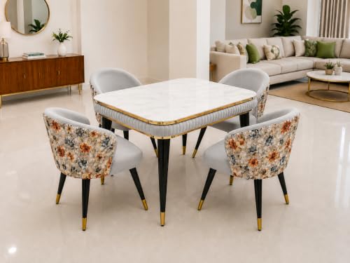 Image of WOODEN SPACE Majestic 4 Seater Wooden Dining Table Set | Urban Marble Top Dining Table with Chairs for Dining Room & Kitchen (Modern Classic Printed Light Grey) (54 x 36 x 30 inch)