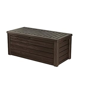 Keter Outdoor Storage Deck Box, 150 Gallon Resin Patio Bin & Bench, Wood Grain, Brown