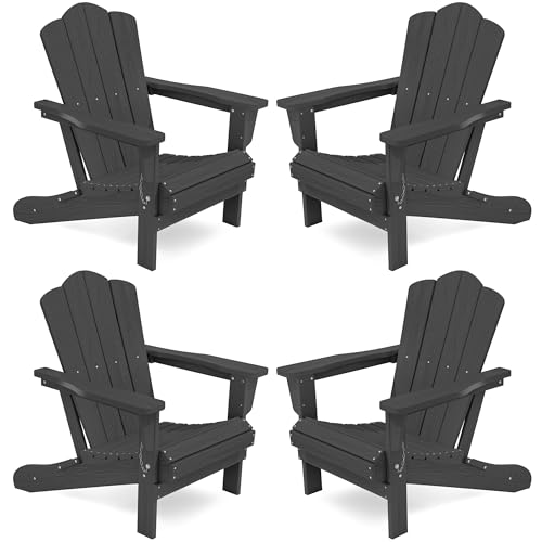 KINGYES Folding Adirondack Chair Set of 4, HDPE All-Weather Folding Adirondack Chair, Grey