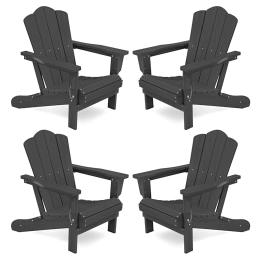 KINGYES Folding Adirondack Chair Set of 4, HDPE All-Weather Folding Adirondack Chair, Grey