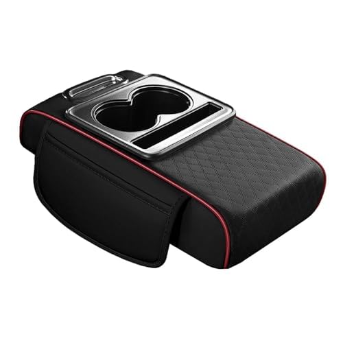 Image of RADIONICS Car Center Console Armrest Cushion Pad with Cup Holder & Storage | PU Leather Quilted Organizer Extender | Universal Car Interior Accessories (Black)