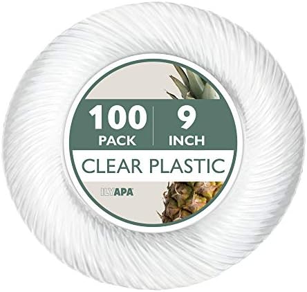 Ilyapa Disposable Clear Plastic Plates Pack Of 100 for Dinner Party or Wedding - 9 Inch Fancy Clear Hard Plastics Dessert Plates, Heavy Duty Wedding Reception Plates For Appetizers, Salads