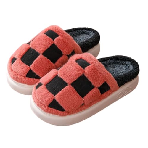 Checkered Slippers for Women Memory Foam House Slippers for Men Indoor Outdoor Fuzzy Slippers for Women with Faux Fur Lining