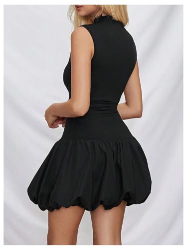 Image of WDIRARA Women's Mock Neck Sleeveless Tank Dress Bubble Sundress Puffy Mini Dresses