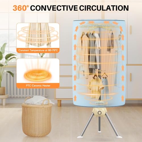1000W Heated Clothes Airer with Cover, 10Kg Capacity 2-Tier Stainless Steel Foldable Electric Clothes Dryer Rack, Energy Efficient Indoor Drying Rack, 180 Minutes Timer Auto Power-Off,Blue-One Size - Image 2