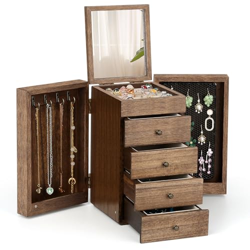 Meangood Jewelry Box Wood for Wowen, 5-Layer Large Organizer Box with Mirror & 4 Drawers for Rings, Earrings, Necklaces, Walnut